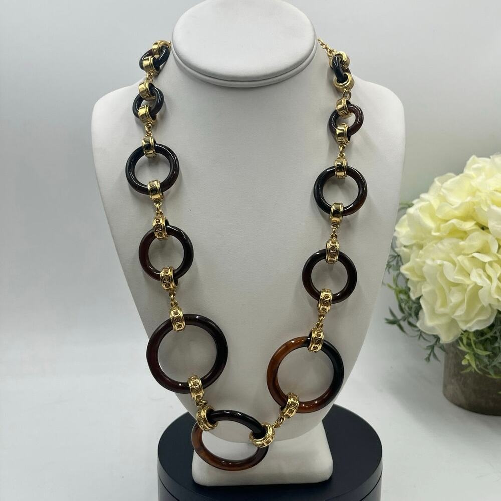 Kate Spade Faux Tortoise Shell Circle Gold Tone Links yellow rhinestone Necklace
